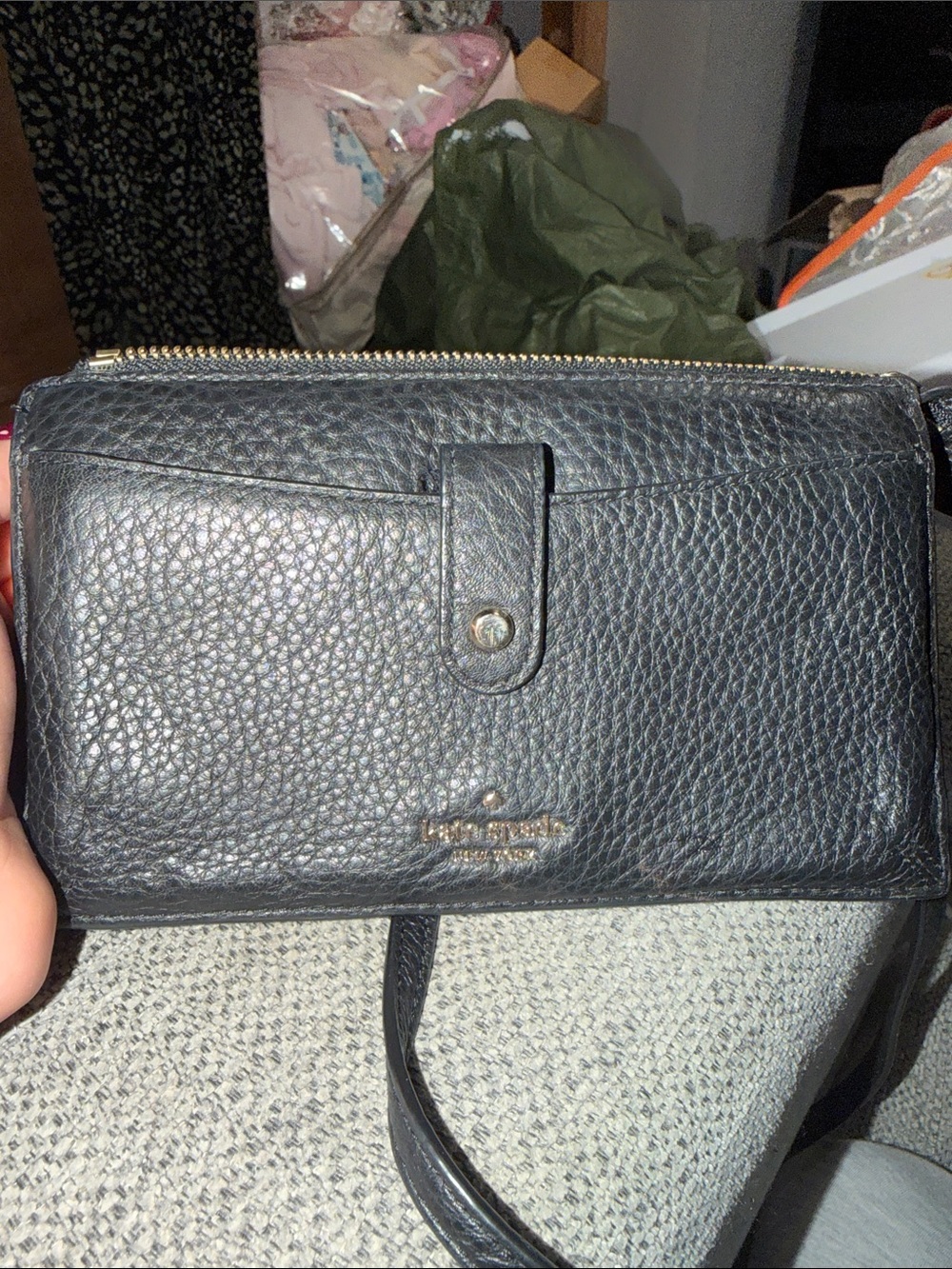 kate spade Black Pebbled Leather Crossbody Wallet with Gold Hardware